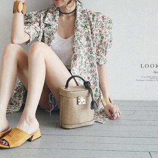 Puff-sleeve Floral Pattern Linen Blazer