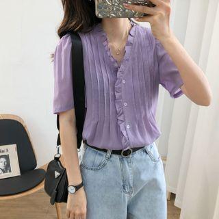 Short-sleeve Pleated Plain Blouse
