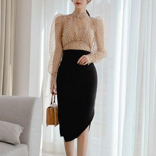 Set: Long-sleeve Dotted Mesh Top + Midi Sheath Skirt