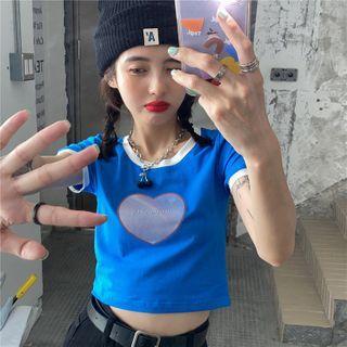 Heart Print Short-sleeve Cropped T-shirt Sapphire Blue - One Size
