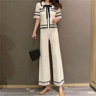 Set: Short-sleeve Contrast Trim Ribbon Kit Top + Wide-leg Pants