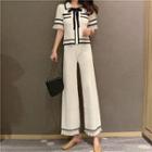 Set: Short-sleeve Contrast Trim Ribbon Kit Top + Wide-leg Pants