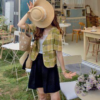 Collarless Short-sleeve Plaid Jacket Green - One Size