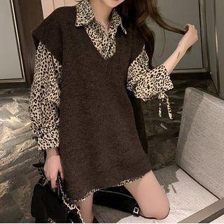 Leopard Print Shirt / Knit Vest / Set