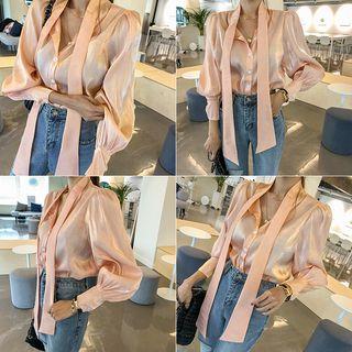 Scarf-neck Satin Blouse Pink - One Size