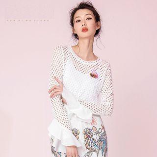 Embroidered Perforated Bell-sleeve Top