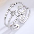 Rhinestone Moon & Star Layered Open Ring 1 Piece - Silver - One Size
