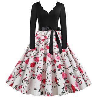 Floral Long-sleeve A-line Party Dress