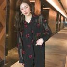Floral See-through Long-sleeve Shirt Black - One Size
