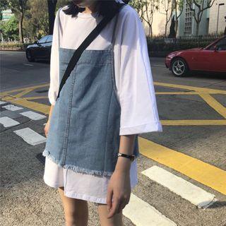 3/4-sleeve T-shirt / Spaghetti Strap Denim Top
