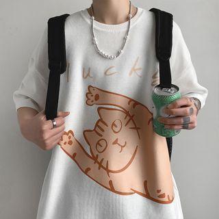 Cat Printed Round-neck Short Sleeve T-shirt