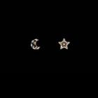 Rhinestone Moon & Star Earring 1 Pair - S925 Silver Stud Earrings - Gold - One Size