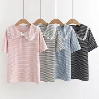 Short-sleeve Peter Pan-collar Lace Striped T-shirt