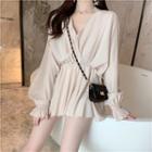 Long-sleeve V-neck Draped Mini A-line Dress