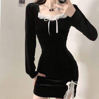 Lace Trim Mini Bodycon Dress / Fluffy Jacket
