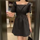 Square-neck Ruched Puff-sleeve Dress Black - One Size