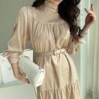 Mockneck Satin Long Dress With Belt