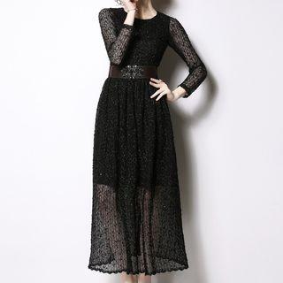 Set: Long-sleeve A-line Midi Dress + Belt