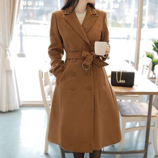 Peaked-lapel Belted Flare Coat Camel - One Size