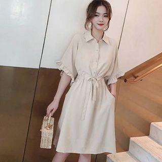 Ruffled Drawstring-waist Elbow-sleeve Shirtdress