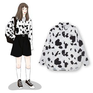 Cow Print Chiffon Shirt Black & White - One Size