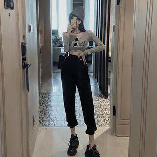 Lettering Cold-shoulder Crop Top / High-waist Sweatpants