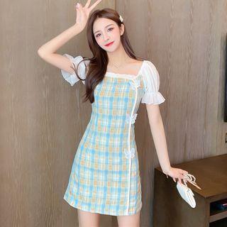 Puff-sleeve Butterfly Applique Plaid Mini Sheath Dress