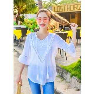 3/4-sleeve Lace-trim Tasseled Cotton Top