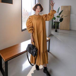 Puff-sleeve Ruffle-hem Long Dress