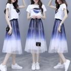Set: Short-sleeve Planet Print T-shirt + Gradient Mesh Midi A-line Skirt