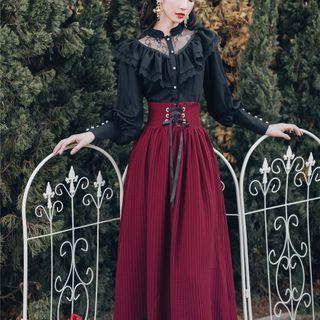 Set: Long-sleeve Ruffle Blouse + Striped Midi A-line Skirt