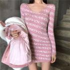 Long-sleeve Letter Knit Mini Bodycon Dress Pink - One Size