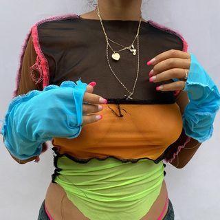 Long-sleeve Paneled Cropped Mesh T-shirt