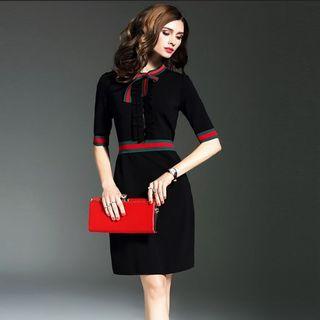 Elbow-sleeve Color-block Bow Gathered-waist Dress