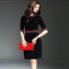 Elbow-sleeve Color-block Bow Gathered-waist Dress