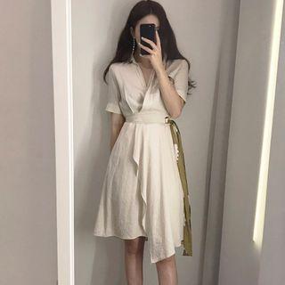 Short-sleeve Asymmetric Tie-waist A-line Dress