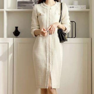 Fringed Zip-up Tweed Sheath Dress