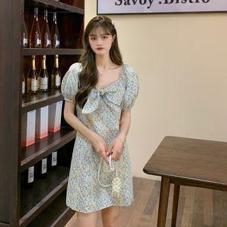 Puff-sleeve Floral Print A-line Dress Blue & Yellow - One Size