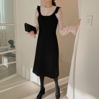 Flared-cuff Blouse / Midi Overall Dress / Set