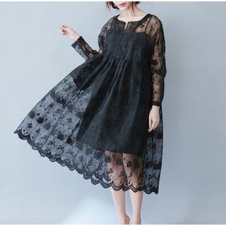 Set: Split Neck Long Sleeve Midi Lace Dress + Slipdress