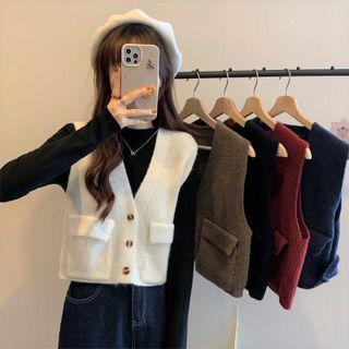 Cropped Button-up Sweater Vest / Long-sleeve Plain Top