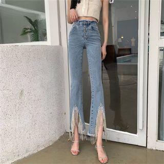 Rhinestone Fringed Hem Cropped Boot-cut Jeans