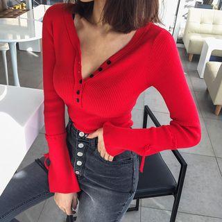 V-neck Bell-sleeve Knit Henley