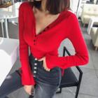 V-neck Bell-sleeve Knit Henley