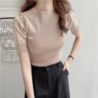 Puff-sleeve Plain Ribbed Slim Fit Knit Top
