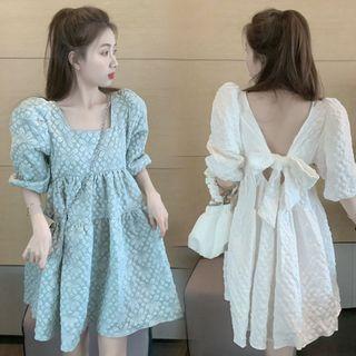 Puff-sleeve Floral Bow-back A-line Dress