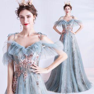 Cold Shoulder Floral Applique A-line Gown