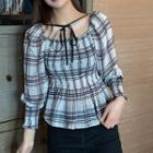 Long-sleeve Plaid Smocked Blouse