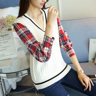 V-neck Mock Two-piece Knit Top