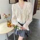 Puff-sleeve Lace Trim Blouse Beige - One Size